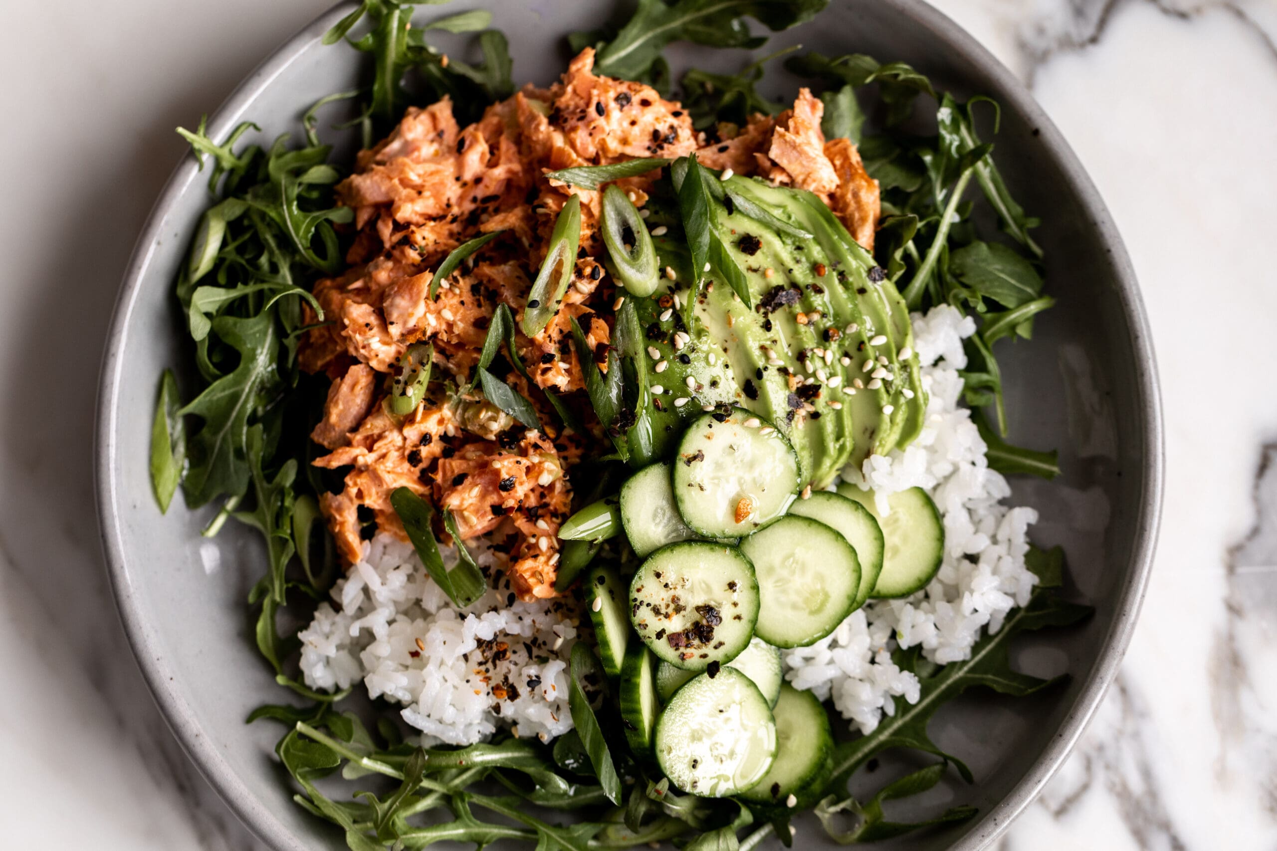 Spicy Canned Salmon Salad Rice Bowl